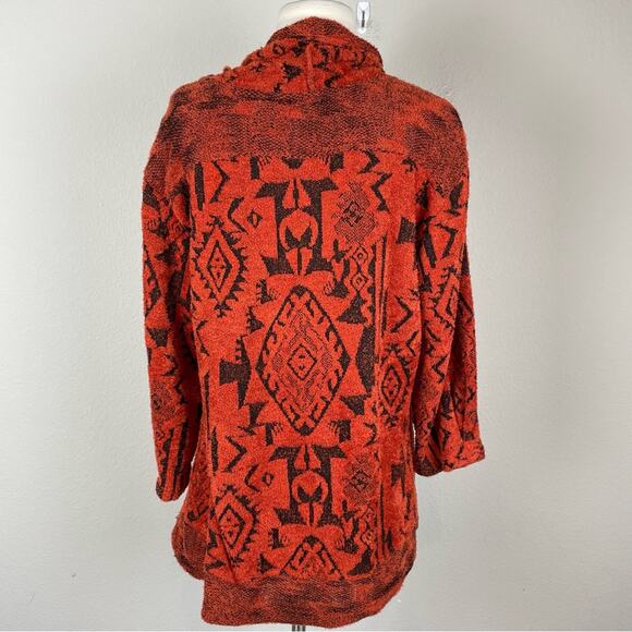 Ali Miles Orange Black Fuzzy IKat Print Cowl Neck Sweater Top Medium - Picture 7 of 9